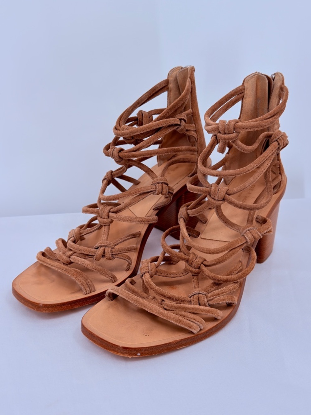 rag & bone Strappy Suede Sandal Heels Brown Lace Up Block Heel Size 38.5
